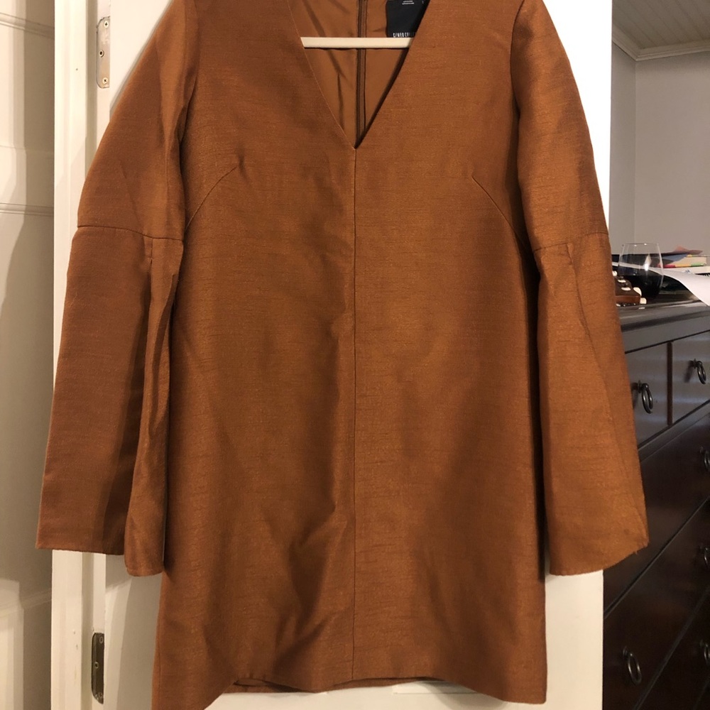 Copper mini shift dress with split bell sleeves